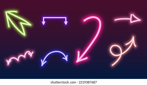 Set of different icons. Vector illustration of neon colorful arrows with different directions. Isolated on dark background.