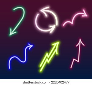 Set of different icons. Vector illustration of neon colorful arrows with different directions. Isolated on dark background.