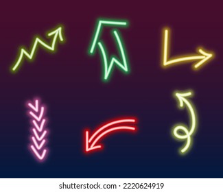 Set of different icons. Vector illustration of neon colorful electric lamp arrows with different directions. Isolated on dark background.