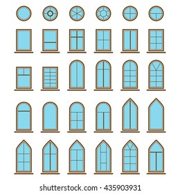 Set of different icons window and windowpane. pane types like eyebrow with curved top and casement, hopper and pivot, awning and single-hung or double-hung sash for house or home