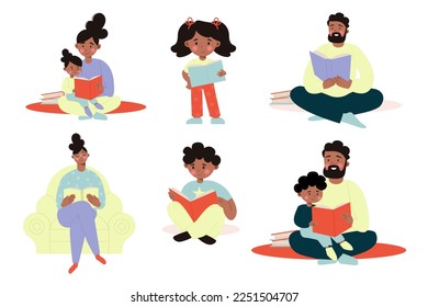 Set of different illustrations of African American parents and children reading a book.  Vector