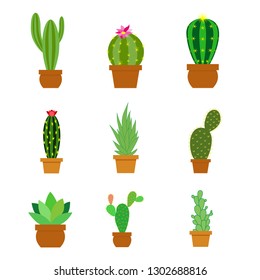 Set of different illustrations of cacti and succulents in pots. - Vector graphics