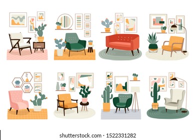 set of different illustrations with cute minimalistic interiors with mid century modern furniture and plants. Trendy scandinavian hygge interior. Flat vector illustration set