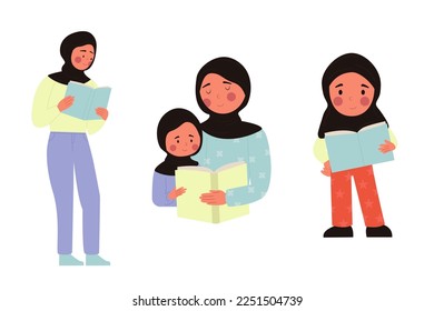 Set of different illustrations of mother and children in hijab reading a book.  Vector