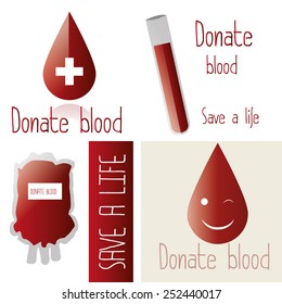 a set of different images with drops of blood, text and bags of blood