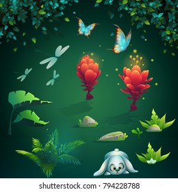 Set of different images for game user interface. Vector illustration screen to the computer game Shadowy forest GUI. Background image to create buttons, banners, graphics.