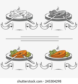 set of different images of salmon and dining items