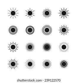 Set of different images of the sun, abstract black sun on a white background, black and white vector illustration