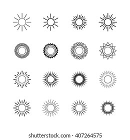 Set of Different Images of the Sun, Set of Sun Shapes,  Line Style Design,  Vector Illustration