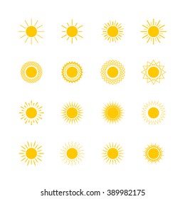 Set of Different Images of the Sun, Set of Yellow Sun Shapes,  Vector Illustration