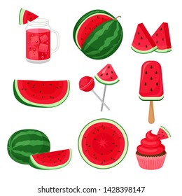 Set of different images of watermelon. Vector illustration on white background.