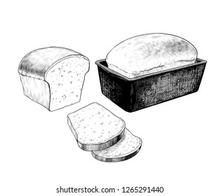 
A set of different images of white bread. White bread in a baking dish, half of bread and sliced bread. Vector vintage food illustration. Hand drawn isolated object on white background. Sketch. 