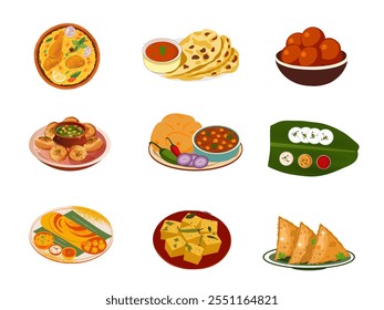 Set of different Indian foods in a white background. Samosa, panipuri, chicken biryani, dhokla, idli, dosa, chole bhature, chapati, gulab jamun, Vector Illustration.