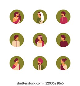 set different indian man woman face avatar people wearing national traditional clothes hindu female male cartoon character portrait collection isolated flat vector illustration