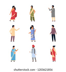 set different indian people wearing national traditional clothes hindu man woman celebration concept male female cartoon character collection full length isolated horizontal flat vector illustration