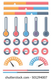 Set of different indicators - horizontal indicators, progrss bars, thermometers, round progress indicators, infographic elements for your projects, vector eps10 illustration