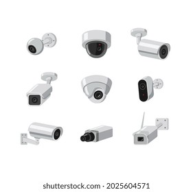 Un conjunto de diferentes cámaras de seguridad interior y exterior, sistemas de vigilancia para personas seguras. Equipo de protección para la inspección y el control de área. Ilustraciones aisladas de vectores planos.