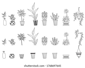 Set of different indoor plants. House of flowers and human hobbies. Botanical set - flowerpots, pots, flowers, leaves. Isolated elements and different options. Vector line drawings.