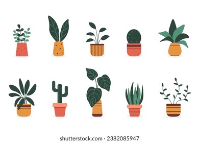 Set of different indoor potted plants isolated on white background. Flat vector houseplants for home.