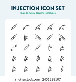 Set of different injection icons, such as syringe, treatment, medicine, and more. Editable Stroke. Premium-quality icon collection.