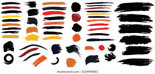 A Set of different ink brush strokes is a mega bundle of ink brushes, painted lines, grungy, black paint, hand drawing and black shape vectors isolated on a white background. 