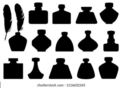 Set of different inkwells isolated on white