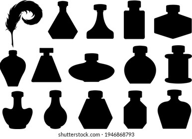 Set of different inkwells isolated on white