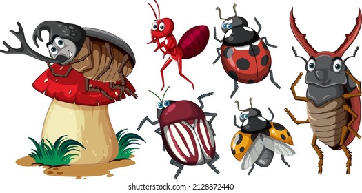 Set of different insects and beetles in cartoon style illustration