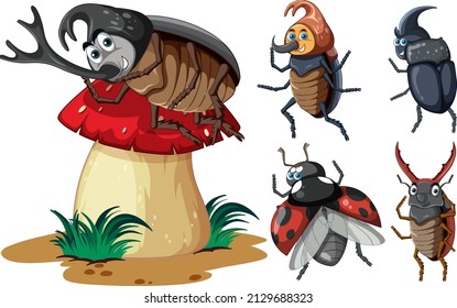 Set of different insects and beetles in cartoon style illustration