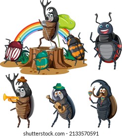 Set of different insects and beetles in cartoon style illustration