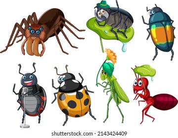 Set of different insects and beetles in cartoon style illustration