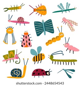 A set of different insects in children's flat style. Beetle, ladybug, ant, butterfly, dragonfly, caterpillar, millipede clip art