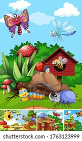 Set of different insects living in the garden background illustration
