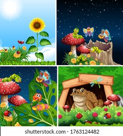 Set of different insects living in the garden background illustration