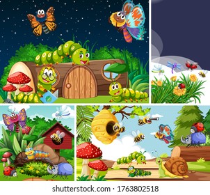 Set of different insects living in the garden background illustration