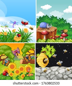 Set of different insects living in the garden background illustration