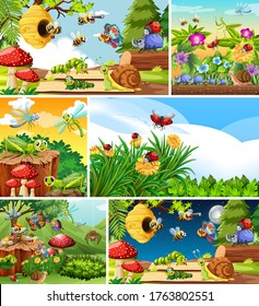 Set of different insects living in the garden background illustration