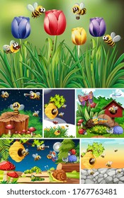 Conjunto de diferentes insectos que viven en la ilustración de fondo del jardín
