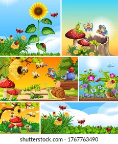 Set of different insects living in the garden background illustration