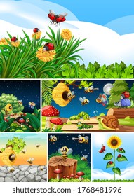 Conjunto de diferentes insectos que viven en la ilustración de fondo del jardín