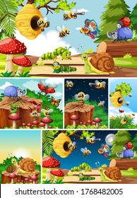 Set of different insects living in the garden background illustration