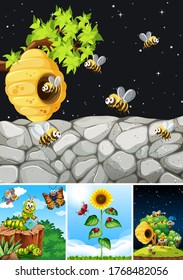 Set of different insects living in the garden background illustration