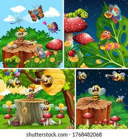 Set of different insects living in the garden background illustration