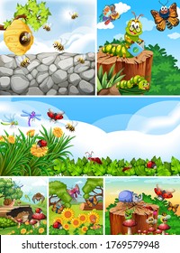 Set of different insects living in the garden background illustration