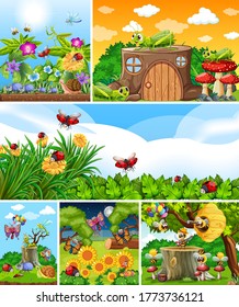 Set of different insects living in the garden background illustration