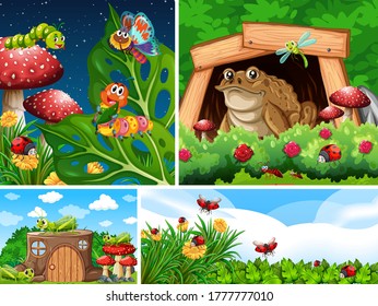 Set of different insects living in the garden background illustration