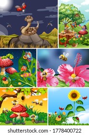 Set of different insects living in the garden background illustration