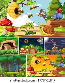 Set of different insects living in the garden background illustration