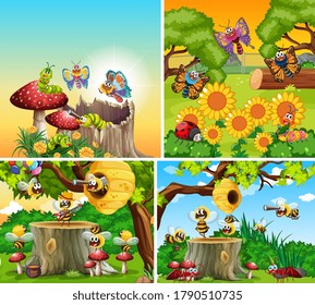 Set of different insects living in the garden background illustration