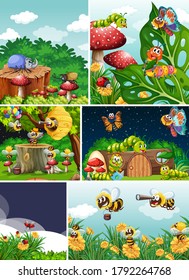 Set of different insects living in the garden background illustration